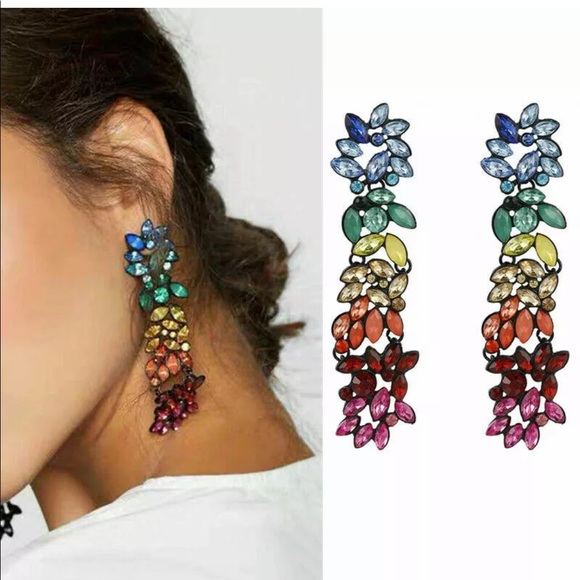 Rainbow Cluster Bling Drop Colorful Earrings - Picture 2 of 8